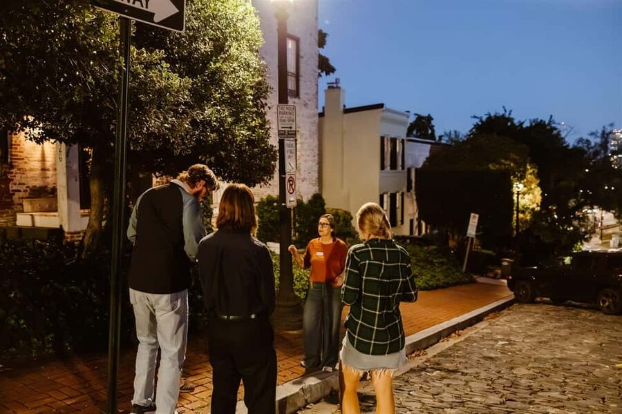 D.C.: Ghosts of Georgetown & The Exorcist Steps Haunted Tour - Entering the Old Stone House night scene at 3051 M St NW